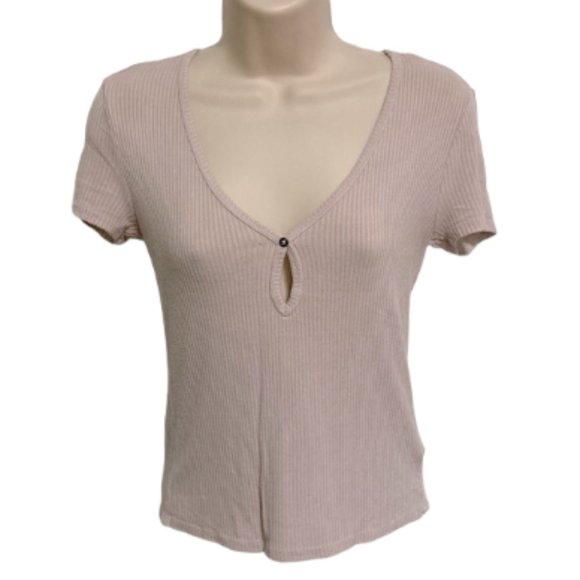 PROJECT SOCIAL Short Sleeve Tee Urban Outfitters Ribbed Keyhole Dusty Rose XS - Picture 1 of 13